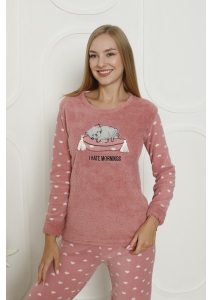 Fawn 3317 Peluş Welsoft Polar Kışlık Yumoş Kadın Pijama Takımı Uyuyan Kedili fiyatları