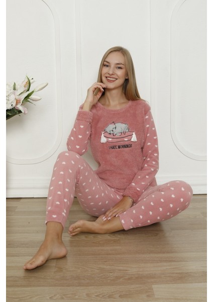 Fawn 3317 Peluş Welsoft Polar Kışlık Yumoş Kadın Pijama Takımı Uyuyan Kedili modelleri