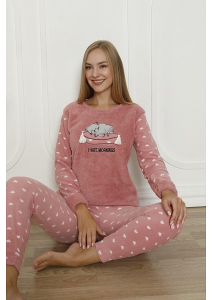 Fawn 3317 Peluş Welsoft Polar Kışlık Yumoş Kadın Pijama Takımı Uyuyan Kedili fırsatları