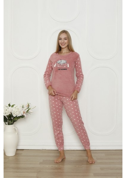 Fawn 3317 Peluş Welsoft Polar Kışlık Yumoş Kadın Pijama Takımı Uyuyan Kedili indirimleri