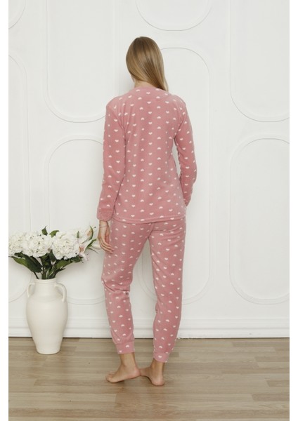 Fawn 3317 Peluş Welsoft Polar Kışlık Yumoş Kadın Pijama Takımı Uyuyan Kedili