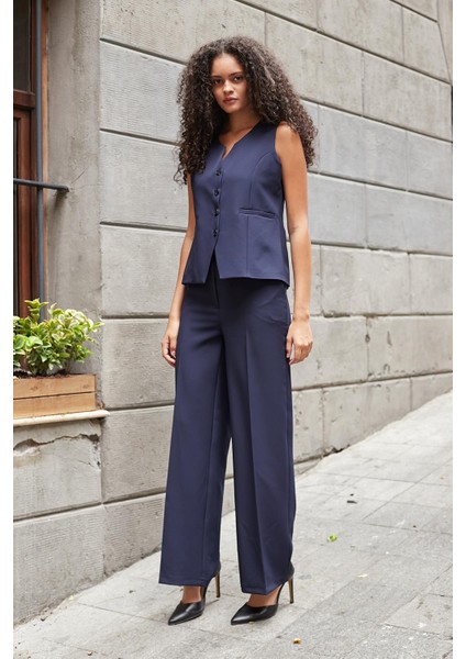 Kadın Hafif Esnek Kumaş Yüksek Bel Yan Cepli Bol Paça Palazzo Pantolon-Lacivert fiyatları