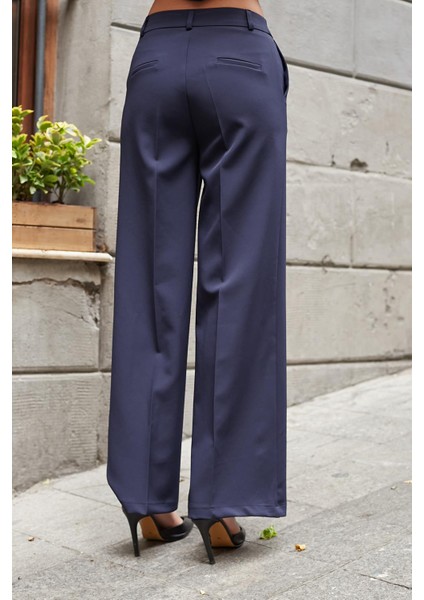 Kadın Hafif Esnek Kumaş Yüksek Bel Yan Cepli Bol Paça Palazzo Pantolon-Lacivert indirimleri