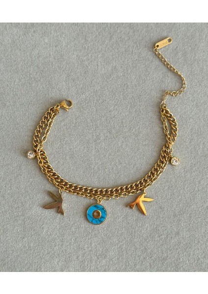 Çelik Kuş Mavili Taşlı 2 'li Bileklik