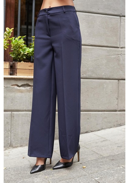 Kadın Hafif Esnek Kumaş Yüksek Bel Yan Cepli Bol Paça Palazzo Pantolon-Lacivert