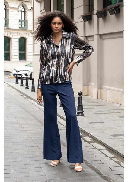 Kadın Ipeksi Dokulu Yakalı Uzun Kol Gömlek -Siyah Desen fiyatları