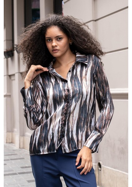 Kadın Ipeksi Dokulu Yakalı Uzun Kol Gömlek -Siyah Desen fırsatları