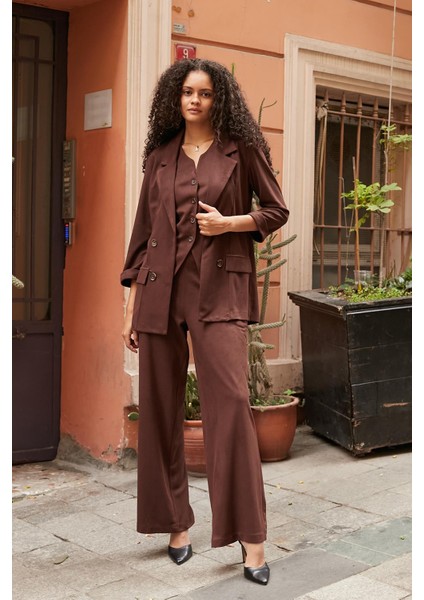 Kadın Süet Dokulu Kumaş Yüksek Bel Yan Cepli Beli Lastikli Bol Paça Palazzo Pantolon-Kahve