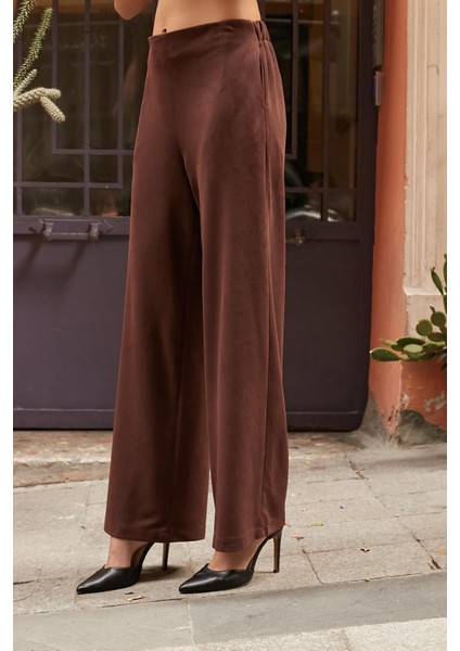 Kadın Süet Dokulu Kumaş Yüksek Bel Yan Cepli Beli Lastikli Bol Paça Palazzo Pantolon-Kahve fiyatları