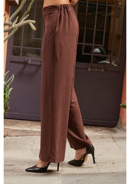 Kadın Süet Dokulu Kumaş Yüksek Bel Yan Cepli Beli Lastikli Bol Paça Palazzo Pantolon-Kahve modelleri