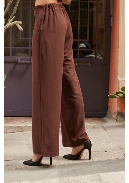 Kadın Süet Dokulu Kumaş Yüksek Bel Yan Cepli Beli Lastikli Bol Paça Palazzo Pantolon-Kahve fırsatları