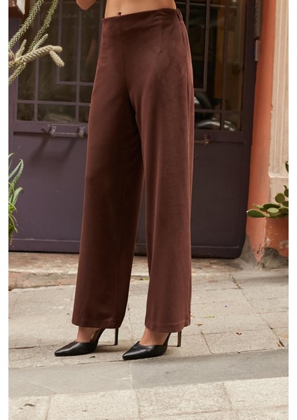 Kadın Süet Dokulu Kumaş Yüksek Bel Yan Cepli Beli Lastikli Bol Paça Palazzo Pantolon-Kahve indirimleri