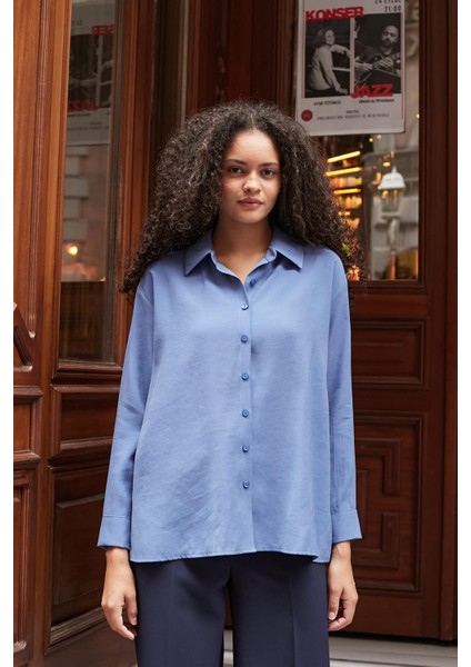 Kadın Pamuksu Modal Cupra Kumaş Yakalı Yanları Yırtmaçlı Uzun Kol Gömlek-Indigo modelleri