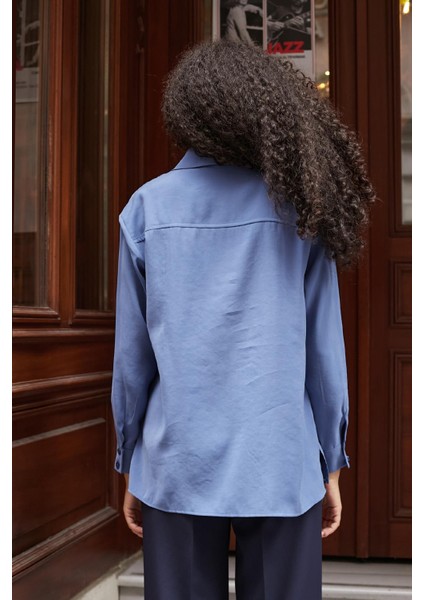 Kadın Pamuksu Modal Cupra Kumaş Yakalı Yanları Yırtmaçlı Uzun Kol Gömlek-Indigo fırsatları