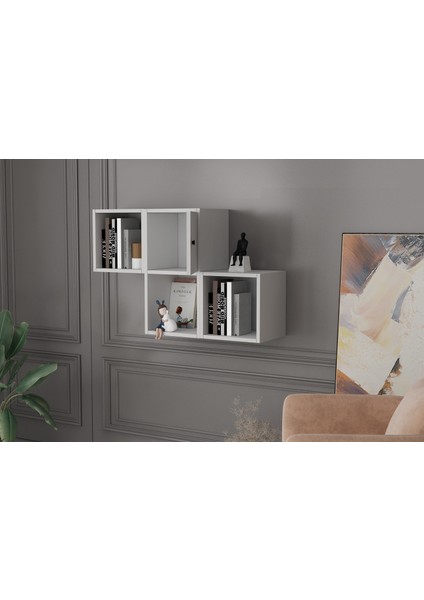 Kitaplikli Kapakli Duvar Rafi Beyaz 100 cm DVR-1033-Ç