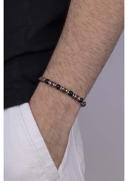 Hematit Geçişli Oniks Taşlı 3 Renk Doğal Taş Erkek Bileklik