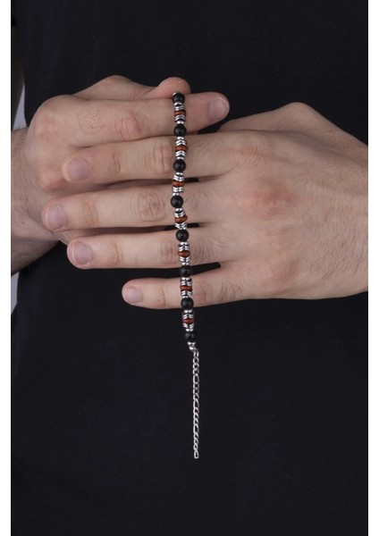 Hematit Geçişli Oniks Taşlı 3 Renk Doğal Taş Erkek Bileklik fiyatları