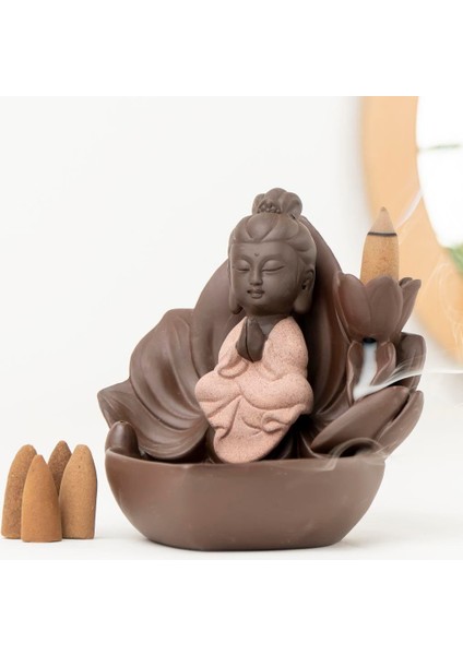 Zen Oturan Buddha Geri Akışlı Şelale Tütsülük (Kahve)