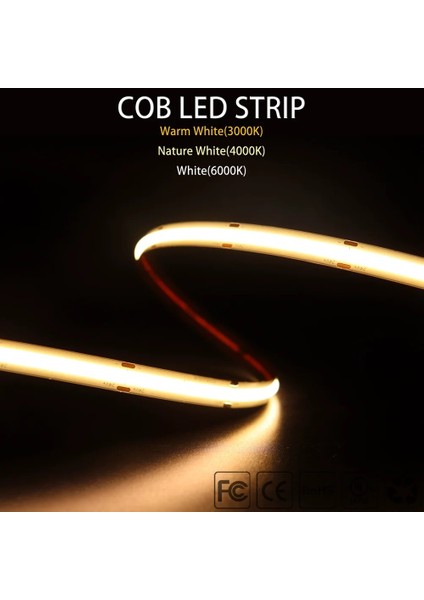 Cob LED Şerit 5metre 12V 320LED/M 3000K Sıcak Beyaz 10W 8mm IP20 Aydınlatma Işık Hortum Kendinden Yapışkanlı
