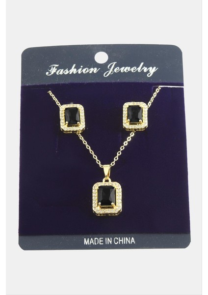 Msa-Shop Dikdörtgen Zirkon Taşlı Set Kolye-Yeşil