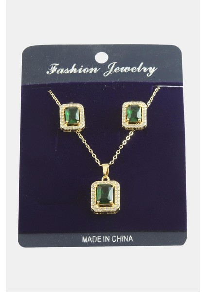 Msa-Shop Dikdörtgen Zirkon Taşlı Set Kolye-Yeşil fiyatları