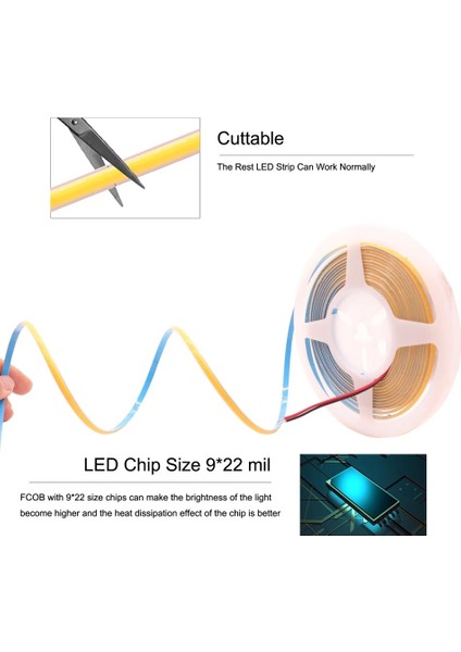Cob LED Şerit 5metre 12V 320LED/M 6500K Soğuk Beyaz 10W 8mm IP20 Aydınlatma Işık Hortum Kendinden Yapışkanlı