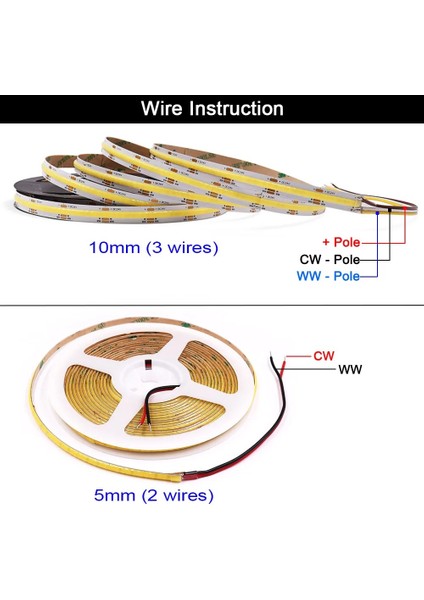 Cob LED Şerit 5metre 12V 320LED/M 6500K Soğuk Beyaz 10W 8mm IP20 Aydınlatma Işık Hortum Kendinden Yapışkanlı