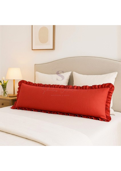 Fırfırlı Vintage Buldan Keten Kırmızı Renk Iskandinav Uzun 40X100 Kırlent Yastık (Içi Dolgulu)