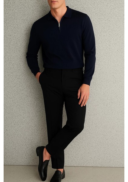Erkek Uzun Kollu Yarım Fermuarlı Lacivert Sweatshirt modelleri