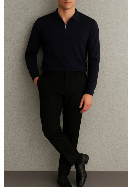 Erkek Uzun Kollu Yarım Fermuarlı Lacivert Sweatshirt