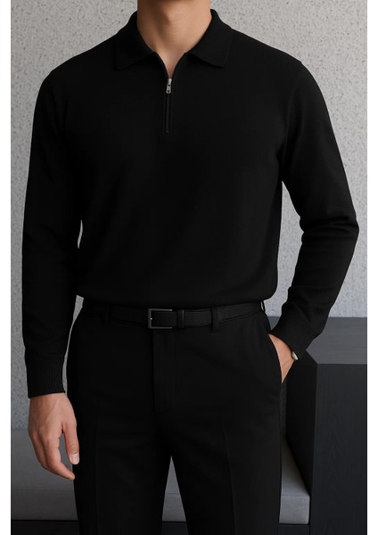 Erkek Uzun Kollu Yarım Fermuarlı Siyah Sweatshirt