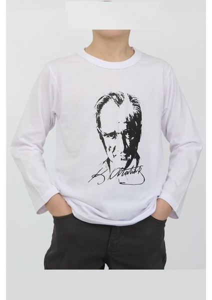 Atatürk Baskılı Çocuk Uzun Kollu Tişört Beyaz (hediye çantalı)