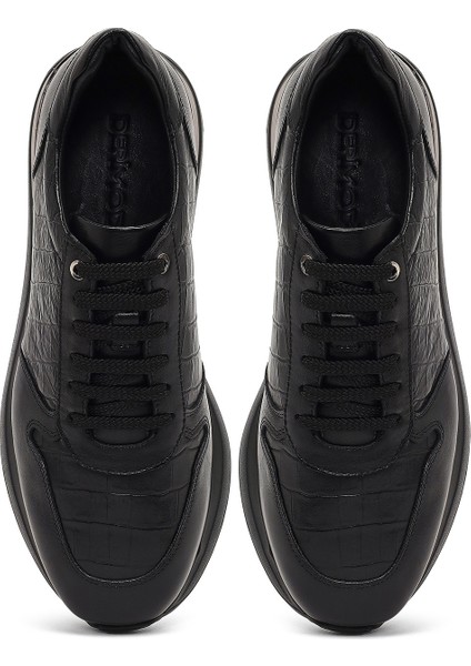 Erkek Siyah Bağcıklı Kalın Tabanlı Deri Sneaker 25WFD622214