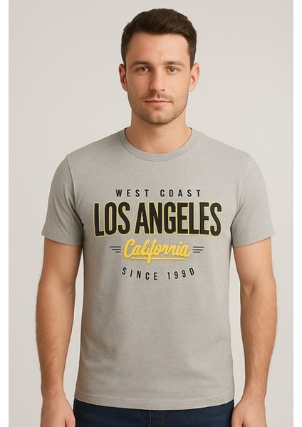 Erkek Haki Los Angeles Yazı Baskılı Tişört