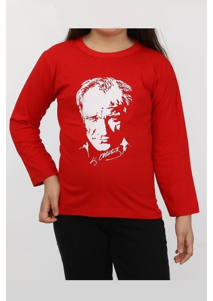 Atatürk Baskılı Çocuk Uzun Kollu Tişört Kırmızı (Hediye Çantalı)