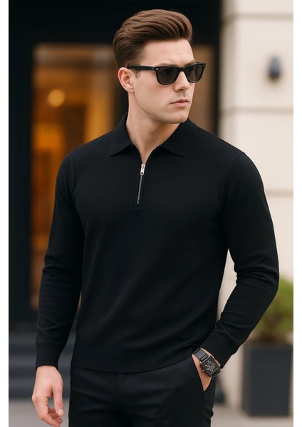 Erkek Yarım Fermuarlı Rahat Siyah Bol Sweatshirt