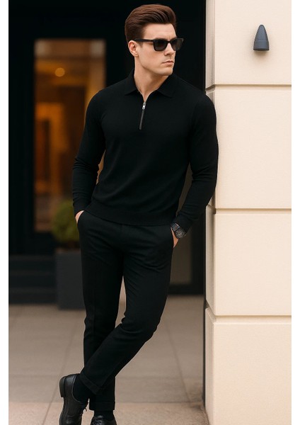 Erkek Yarım Fermuarlı Rahat Siyah Bol Sweatshirt modelleri