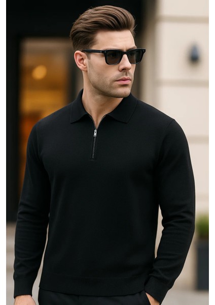Erkek Yarım Fermuarlı Rahat Siyah Bol Sweatshirt