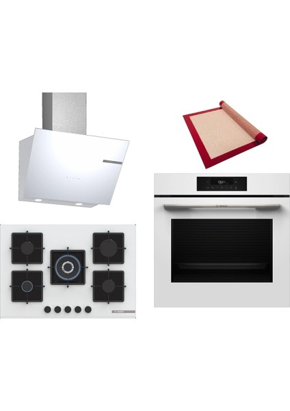 Beyaz 3 Lü Ankastre Set 443 ( HJG852YW0T - PNQ7B2P30O - DWK66PJ20T ) 75CM Wok Bek Ocak - 3D Fry Hava ile Kızartma - Pişirme Matı ile