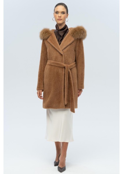 Kapüşonu Kürklü Inci Detaylı Peluş Kaban Taba 3097-TK fiyatları