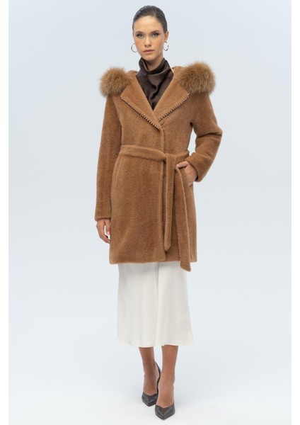 Kapüşonu Kürklü Inci Detaylı Peluş Kaban Taba 3097-TK modelleri