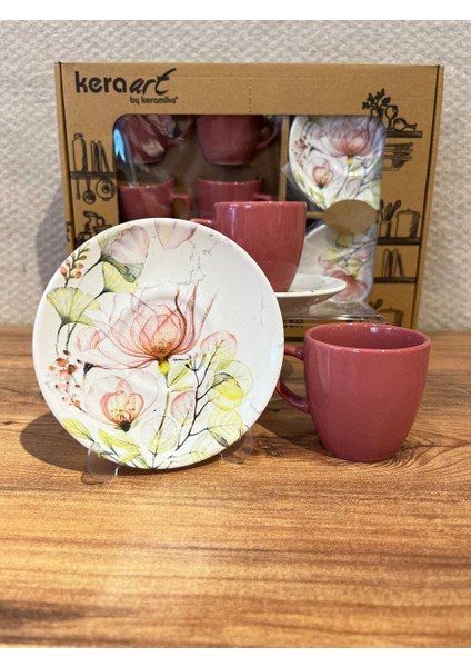Keraart 6 Kişilik Pembe Lal Desenli Stoneware Kahve Takımı 12 Parça