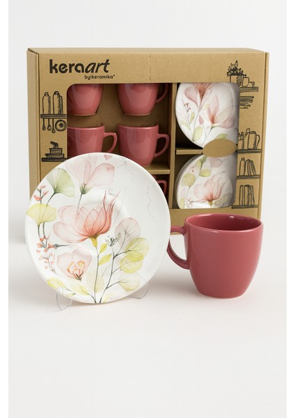 Keraart 6 Kişilik Pembe Lal Desenli Stoneware Kahve Takımı 12 Parça fırsatları