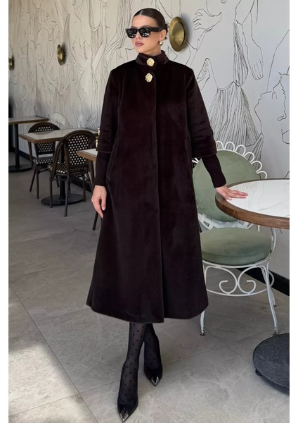 Kadın Gold Düğme Detaylı Iç Astarlı Sakallı Kaban P-00018443