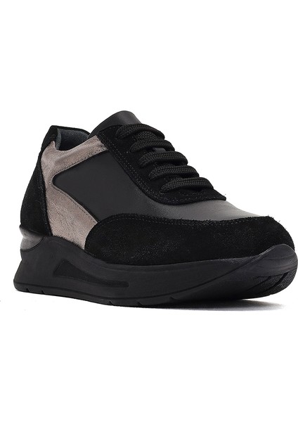 Kadın Siyah Bağcıklı Dolgu Topuklu Deri Sneaker 25AFD412714