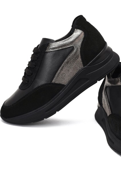 Kadın Siyah Bağcıklı Dolgu Topuklu Deri Sneaker 25AFD412714