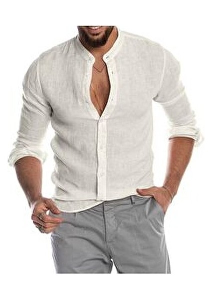 Hakim Yaka Keten Sarı Erkek Gömlek Günlük Stil Truvakar Kol Desenli fiyatları