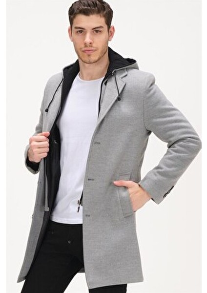 Palto Gri Renk Yün ve Polyester Karışımı Uzun Kol Erkekler İçin