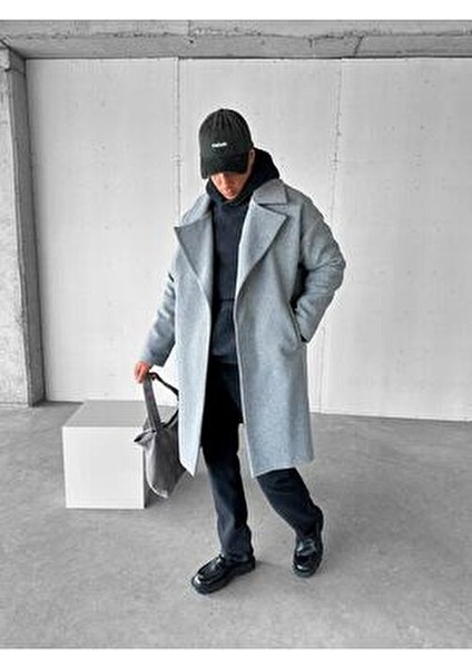 Oversize Rahat Kesim Uzun Erkek Kaşe Kaban Palto Gri