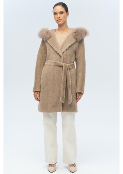 Kapüşonu Kürklü Inci Detaylı Peluş Kaban Vizon 3097-TK fiyatları